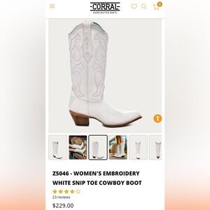 Corral Women's White Embroidery Snip Toe Cowboy Boot- size 10